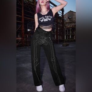 Black Embroidered Skeleton Jeans Size Large/30